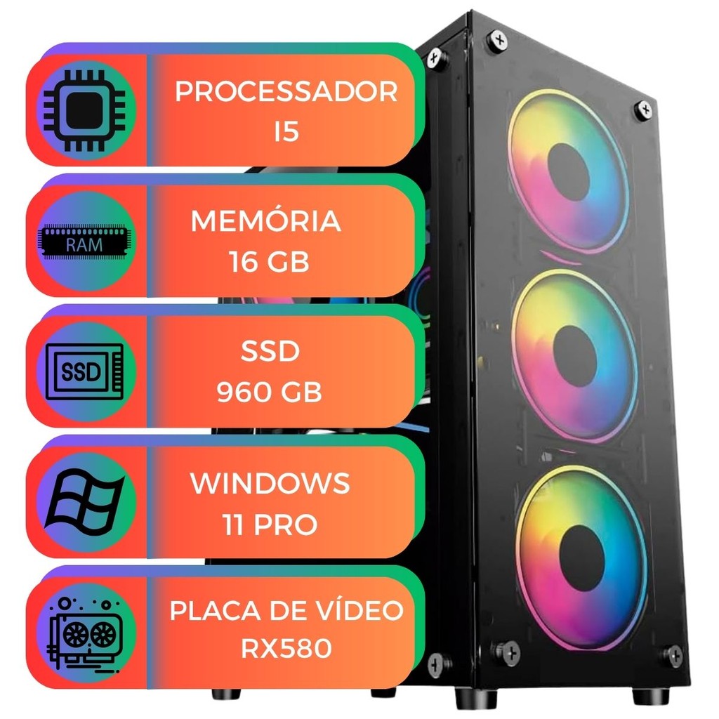 Computador Gamer MultiPC I5 16GB SSD 960 RX580 Win11 Pro PC Ideal para Jogos, Streaming e Edição