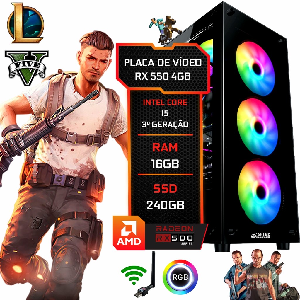 Imagem de PC Gamer Setup Ninja RX 550 4GB, Intel I5, 16GB RAM, SSD 240GB, FONTE 500W