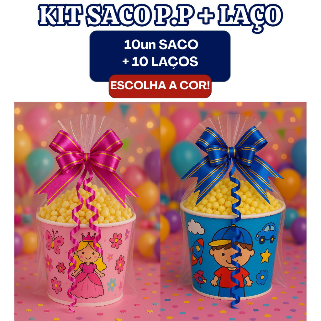 kit Sacos Para Balde De Pipoca + 10 Laços Presente Saco Plástico Transparente Tipo Celofane Premium em Oferta na Shopee