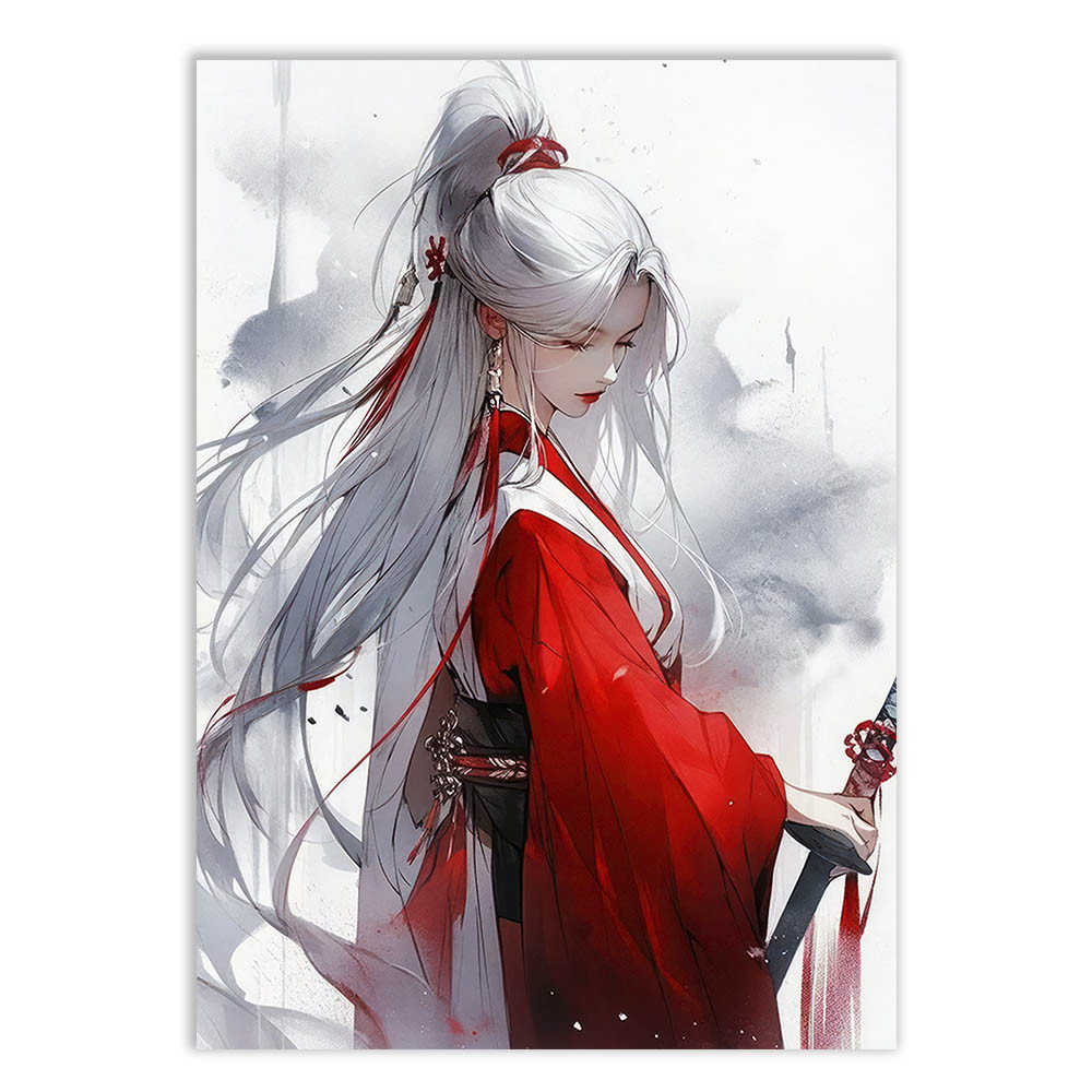 Placa Decorativa Gueixa E Katana Ilustração Red Decoração Poster Quarto Sala
