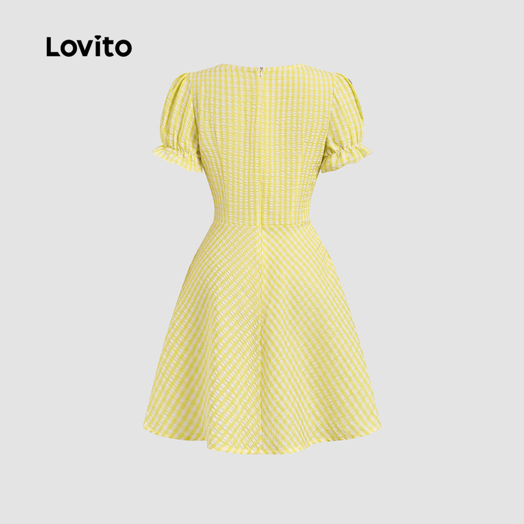 Detalhes do Lovito Vestido Feminino Casual Xadrez Amarelo Com Zíper E Babados Para Primavera Verão L134LD017