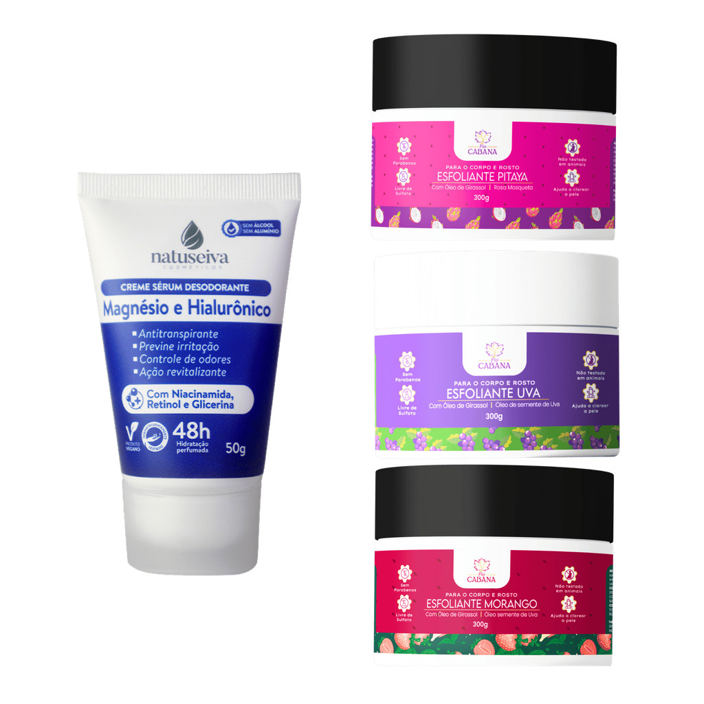 Kit - Desodorante Natuseiva Ácido Hialurônico + Esfoliante Fio Cabana 300g | Proteção e Renovação