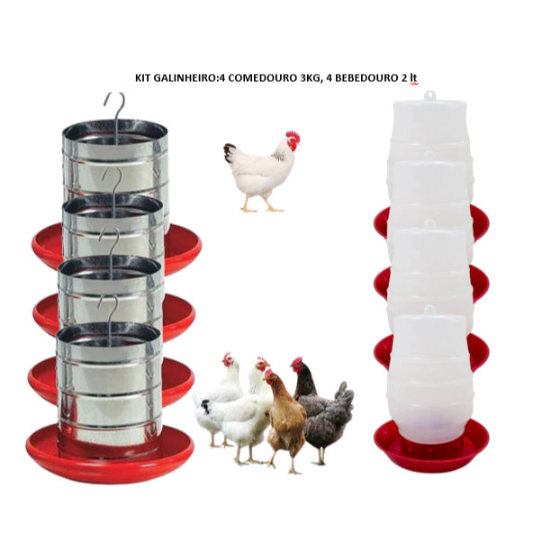 Kit 4 Comedouro Galvanizado Automático 3kg + 4 Bebedouro de Pendurar Automático Para Galinheiro Granja Frango Galinha em Oferta na Shopee