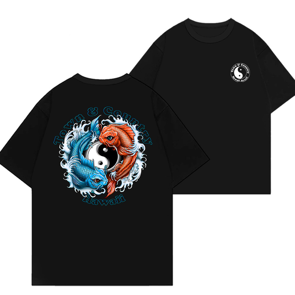 2025 Novo Camiseta Oversized "Yin Yang Koi" | Estilo Hawaii Town & Country | Unissex 100% Algodão