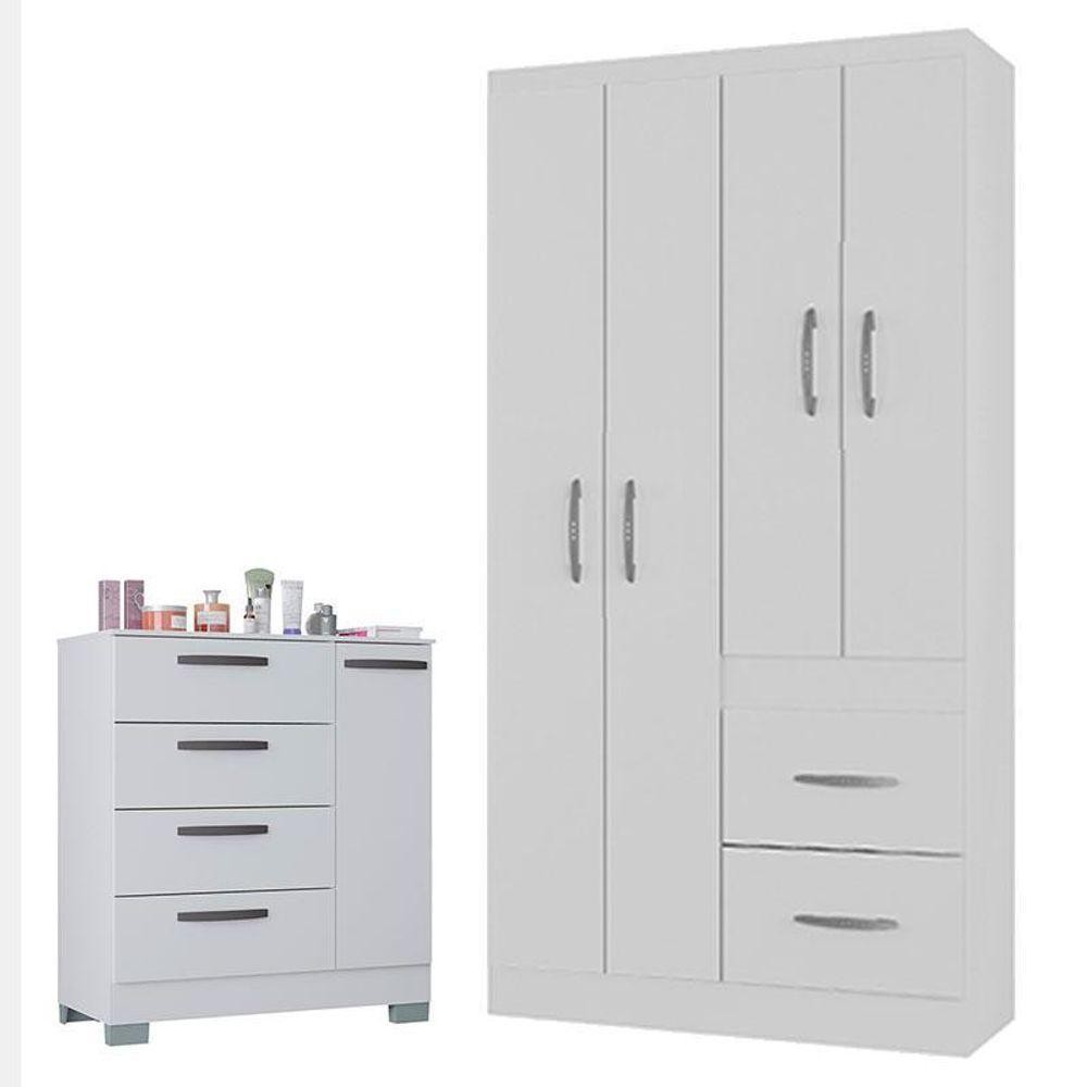 Cômoda 868 4 Gavetas E 1 Porta Com Guarda Roupa Solteiro Milão 4 Portas Branco Brilho - Poquema em Oferta na Shopee