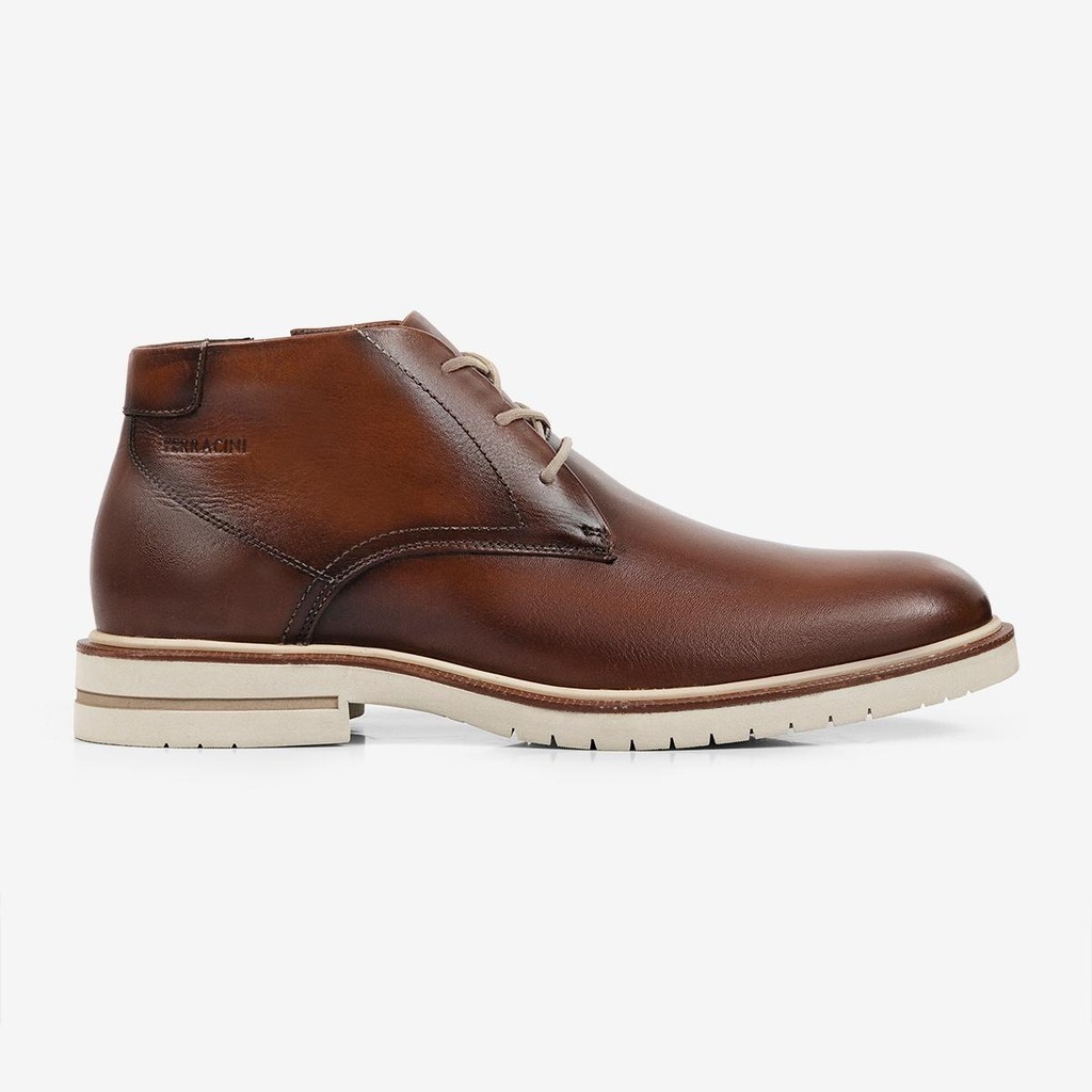 Bota Social Ferracini Firenze Marrom e Solado Bege de Amarrar com Zíper Cano Médio Sapato 5437-704J
