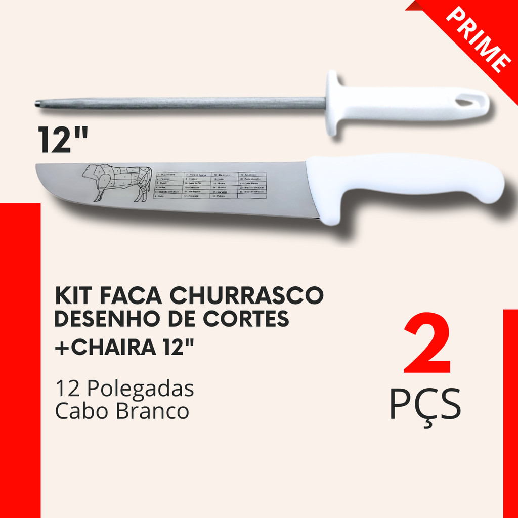 Conjunto 2 Pçs- Faca 12"+ Chaira 12" Churrasco Açougue Carnes Churrascaria Profissional Cabo Branco