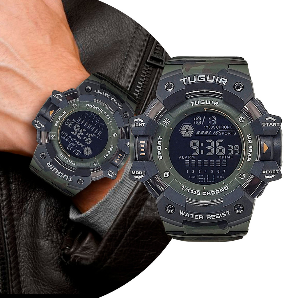 Relógio Masculino Digital de Pulso Pulseira de Silicone Camuflado Verde Tático Militar Esportivo Shock Tuguir Original