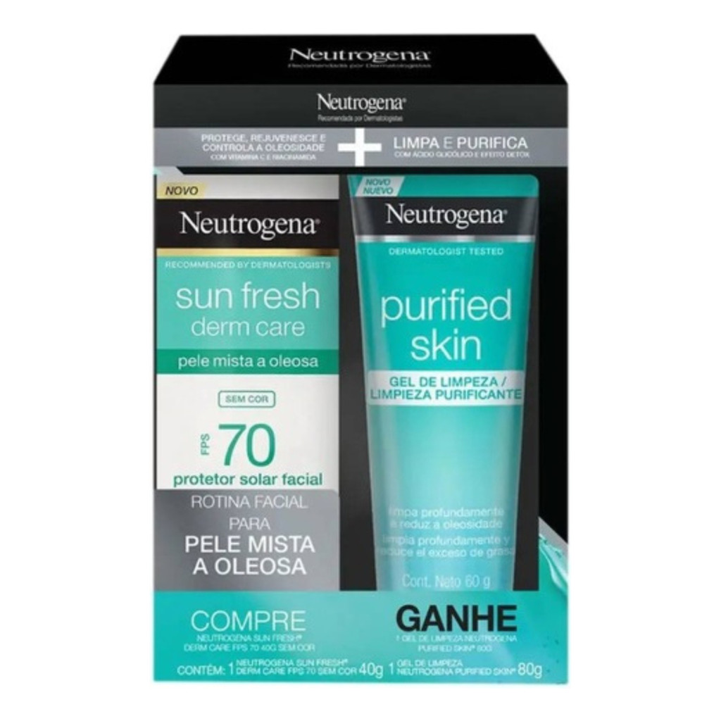 Kit Facial Protetor Solar Sun Fresh Derm Care FPS 70 Sem Cor 40g E Gel De Limpeza Purified Skin 60g Neutrogena