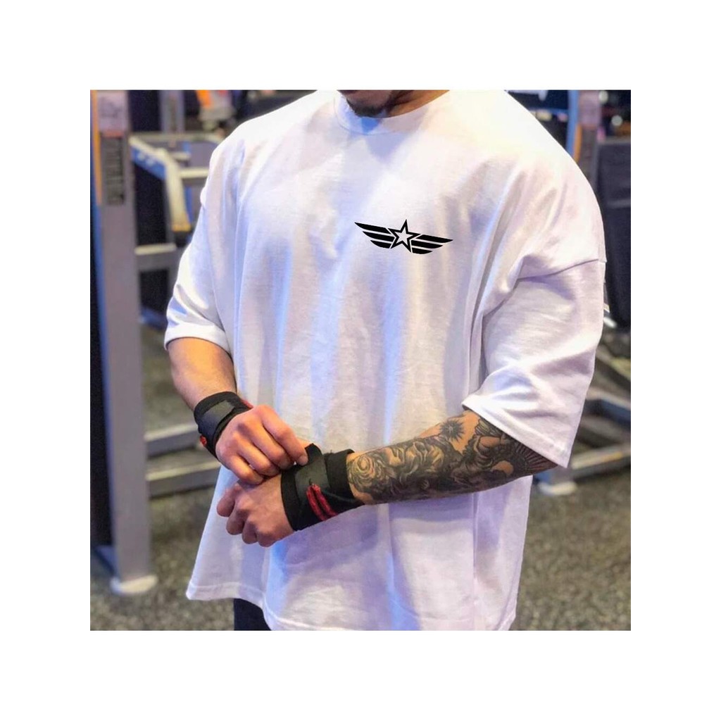 Camiseta Oversized Branca Confortável 100% Algodão Modelo: "Estrela Asas" - Novidade para Academia