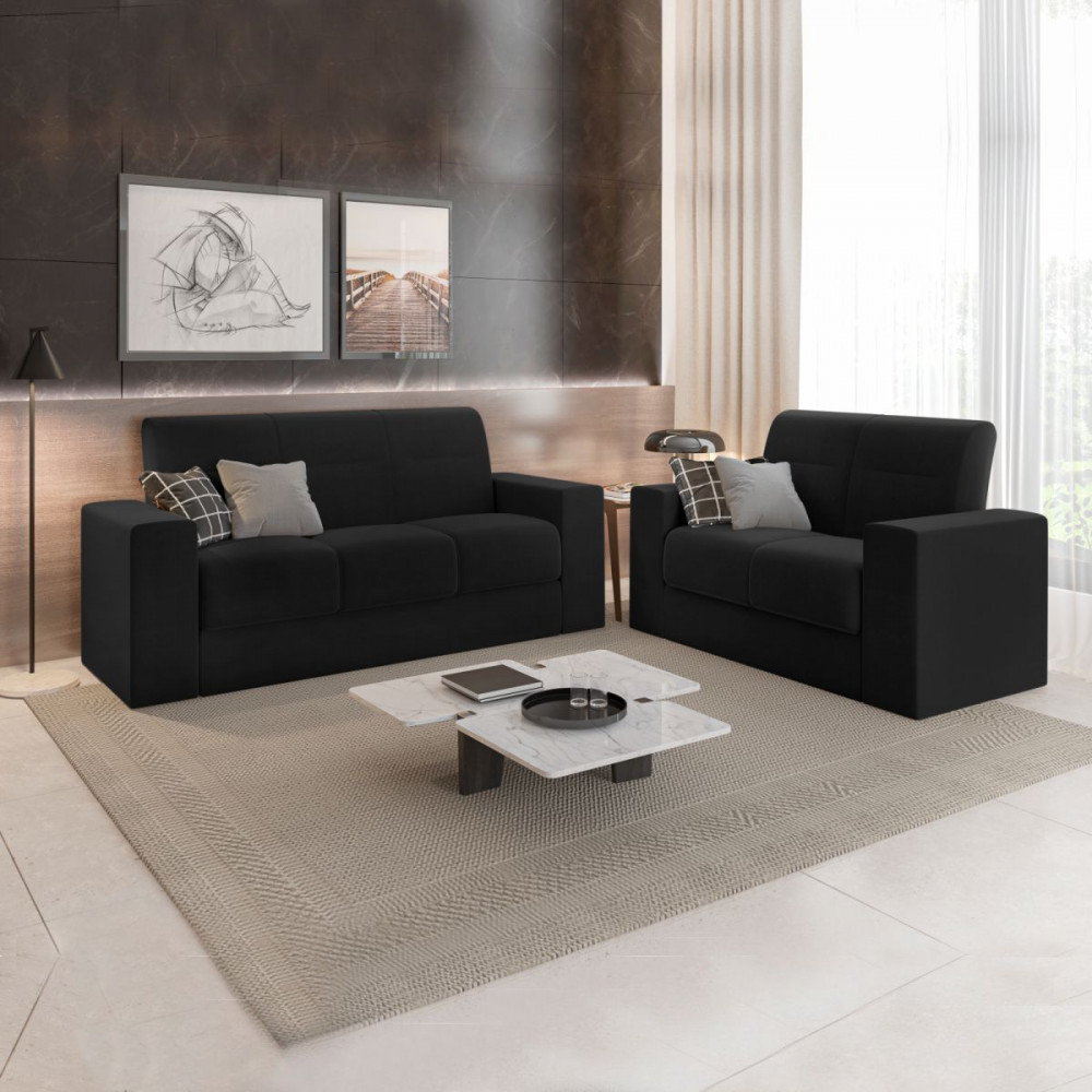 Sofá 2 e 3 Lugares Recife Veludo Preto Mamflex em Oferta na Shopee