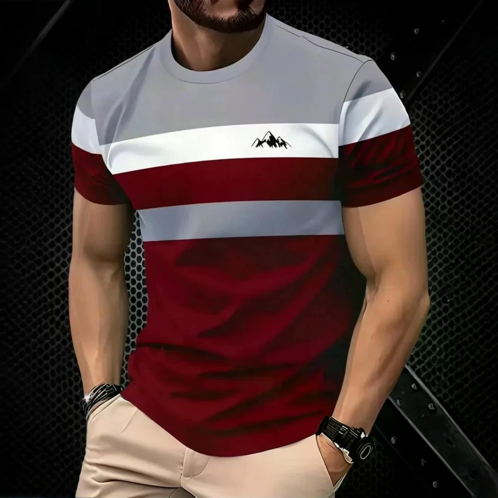 Moda Masculina Camiseta Verão Ao Ar Livre Casual Em Torno Do Pescoço Manga Curta Topo Listrado Impressão Vários Estilos 