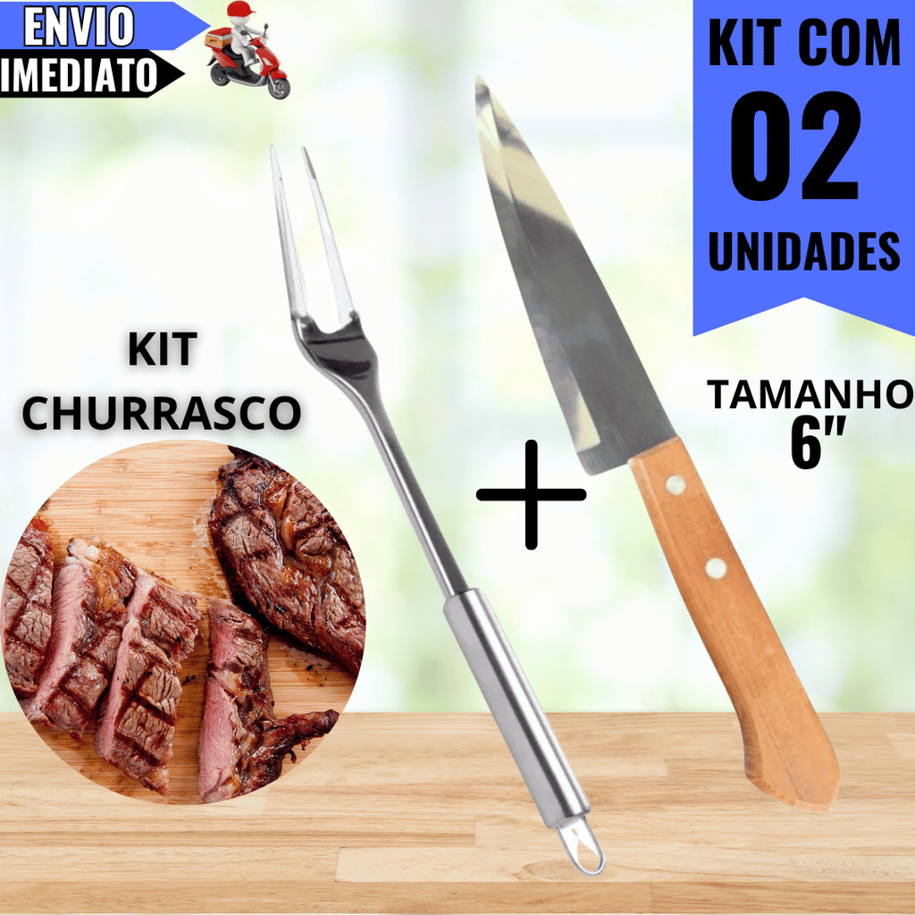 Imagem Kit Churrasco com Faca de Madeira + Garfo Trinchante – Corte Preciso para Carnes, Assados e Grelhados, Profissional