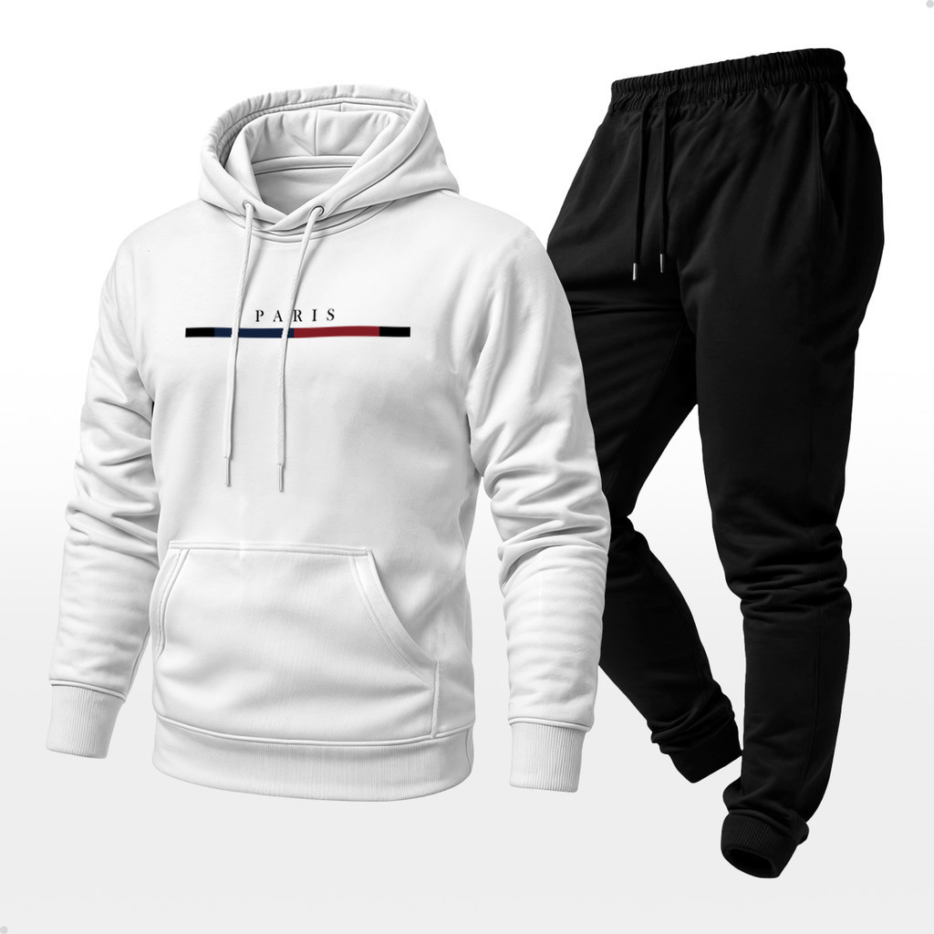 Conjunto Moletom Unissex Estampado Paris Calça e Blusa Com Capuz Bolso Canguru