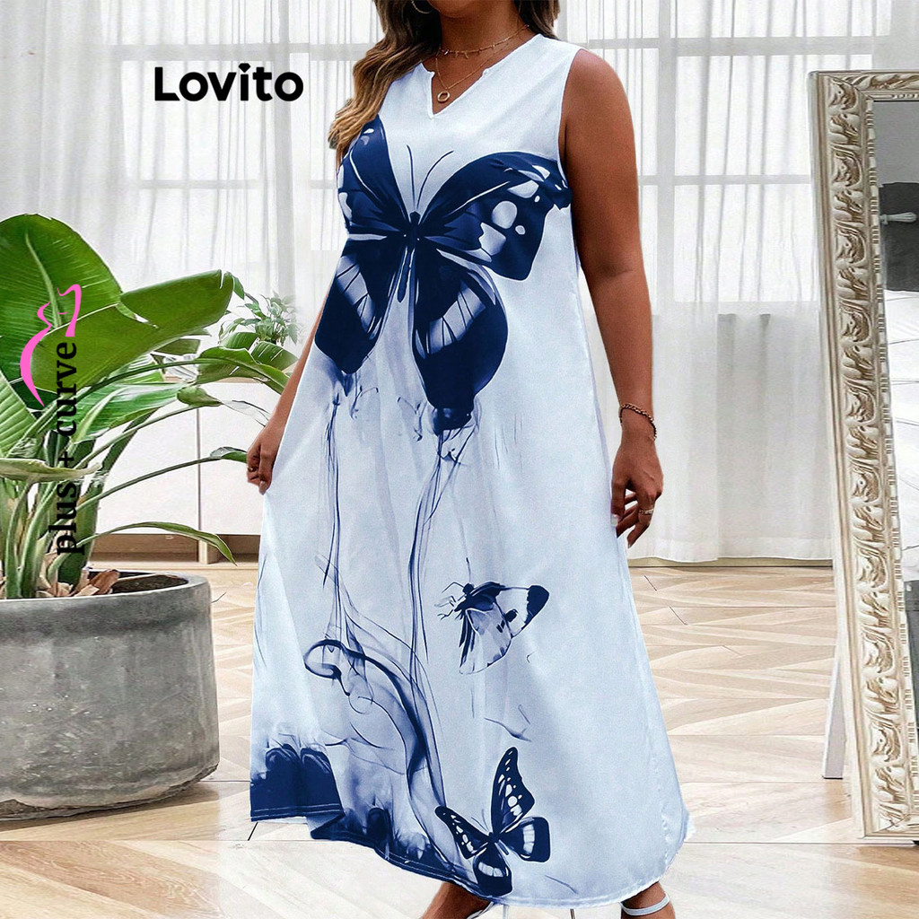 Detalhes do Lovito Vestido feminino elegante com estampa de borboleta plus size LNL77201