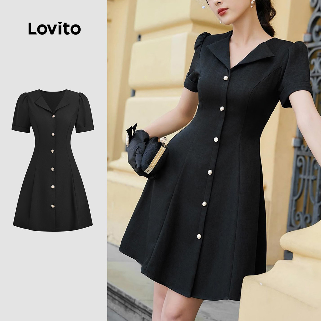 Lovito Vestido Elegante com Botões Na Frente e Fivela de Metal para Transporte Primavera/verão Vestido preto L142ED089 em Oferta na Shopee