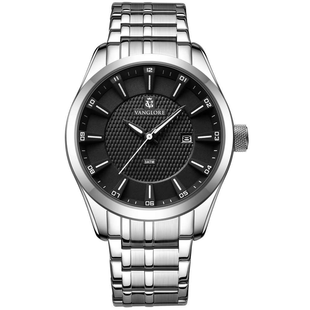Relógio Masculino Prata Aço Inox Mostrador Preto Grande 44mm Vanglore Nexus