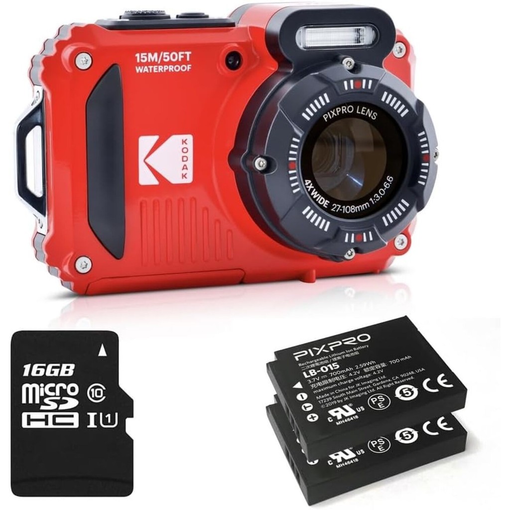 CÂMERA KODAK PIXPRO WPZ2 WATERPROOF VERMELHA (2 BAT + MEM 16GB)