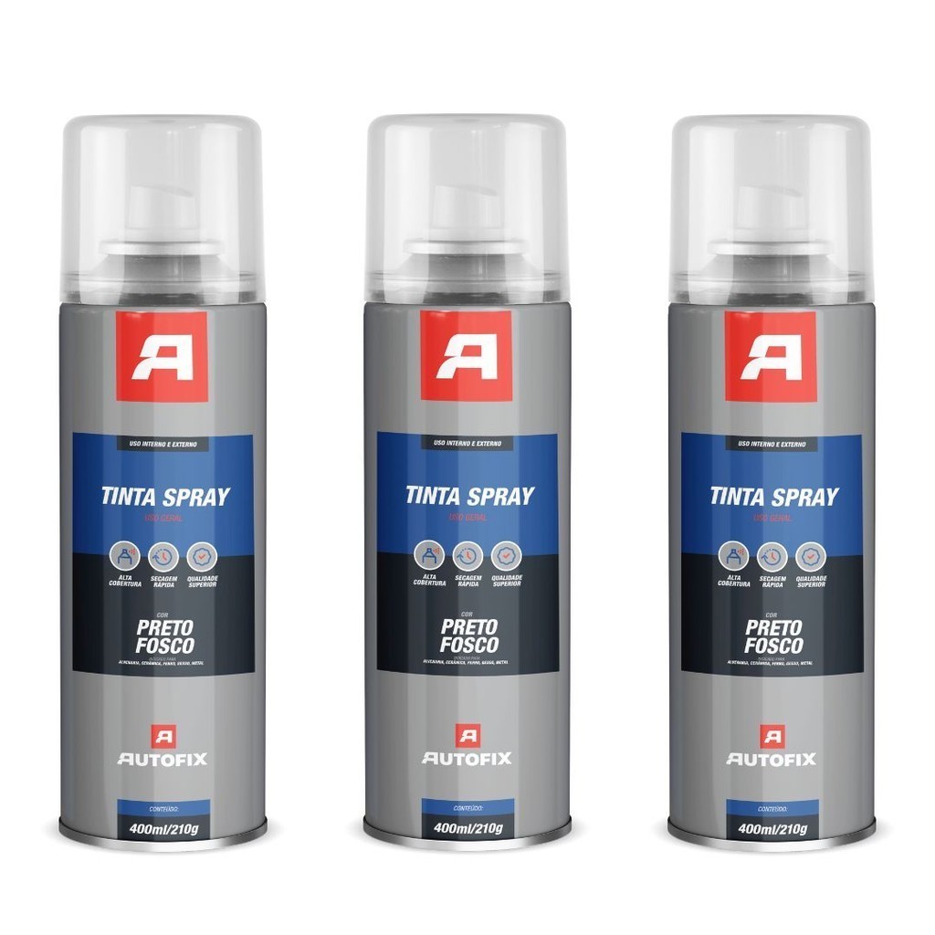 Kit 3 Tinta Spray Uso Geral 400ml - Autofix 400ml / 210g - Preto Fosco ok