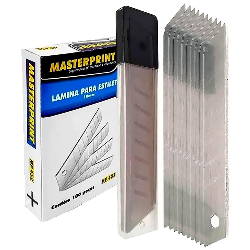 Lâmina para Estilete 18mm Largo Masterprint Caixa com 100 Lâminas MP-452