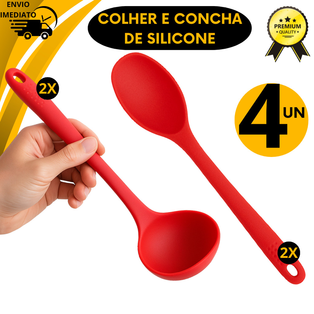 Kit Promocional Concha e Colher de Silicone Vermelho Antiaderente Cozinha Utensílios Restaurante