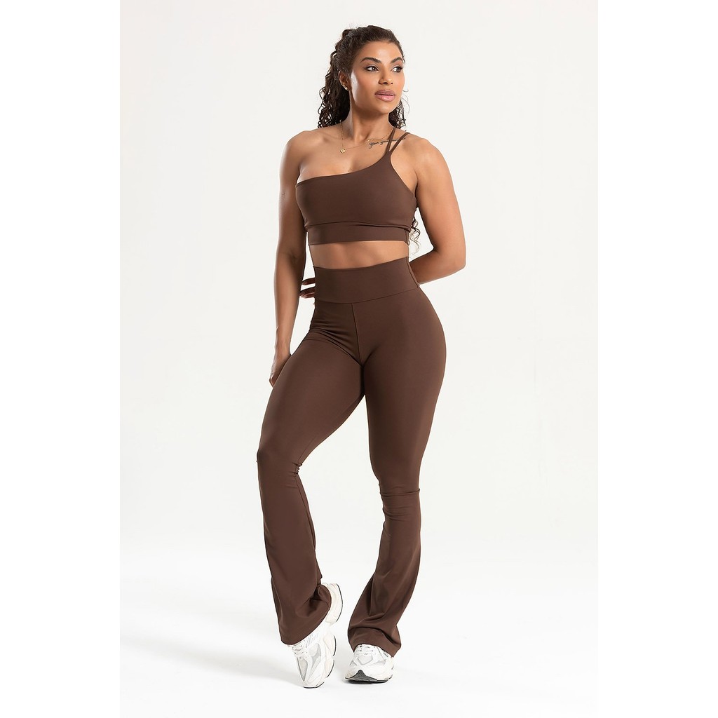 Conjunto Fitness Legging Flare e Top Ombro Único Marrom Cintura Alta Academia Treino Crossfit Yoga