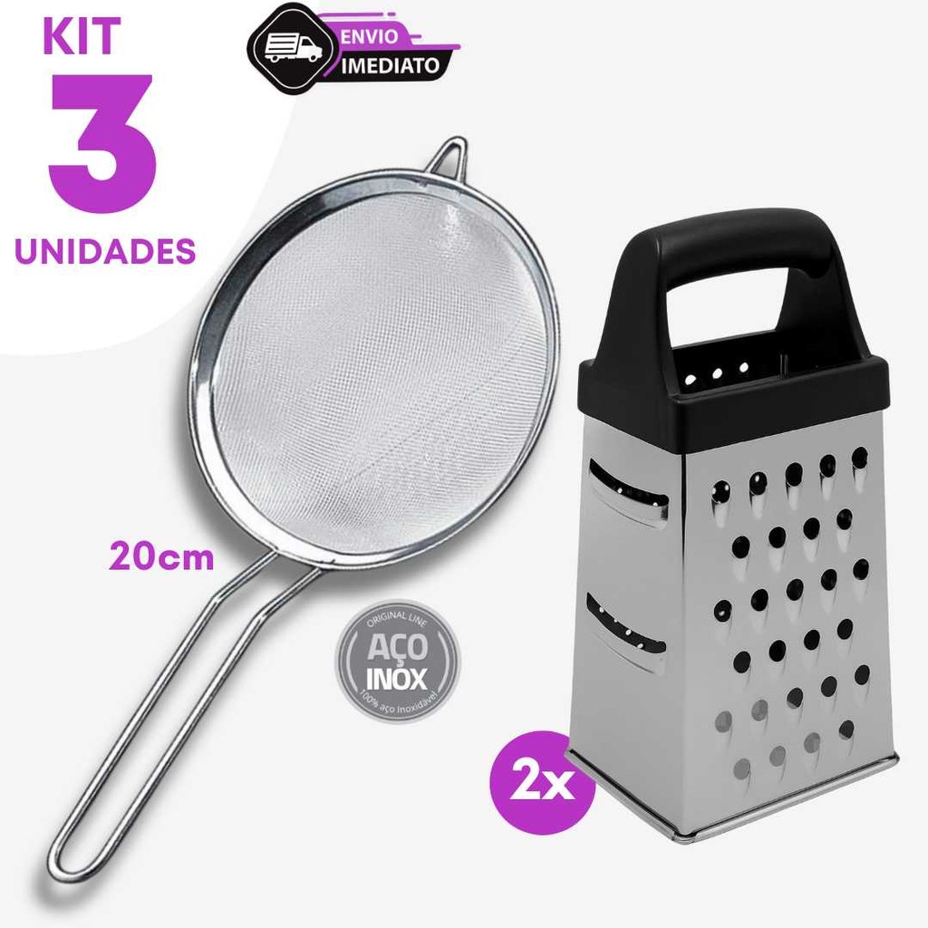 Jogo 2 Ralador 4 Faces Inox 18cm e 1 Peneira Inox 20cm Coar Ralar Cozinha de Casa Legumes Queijo Bar