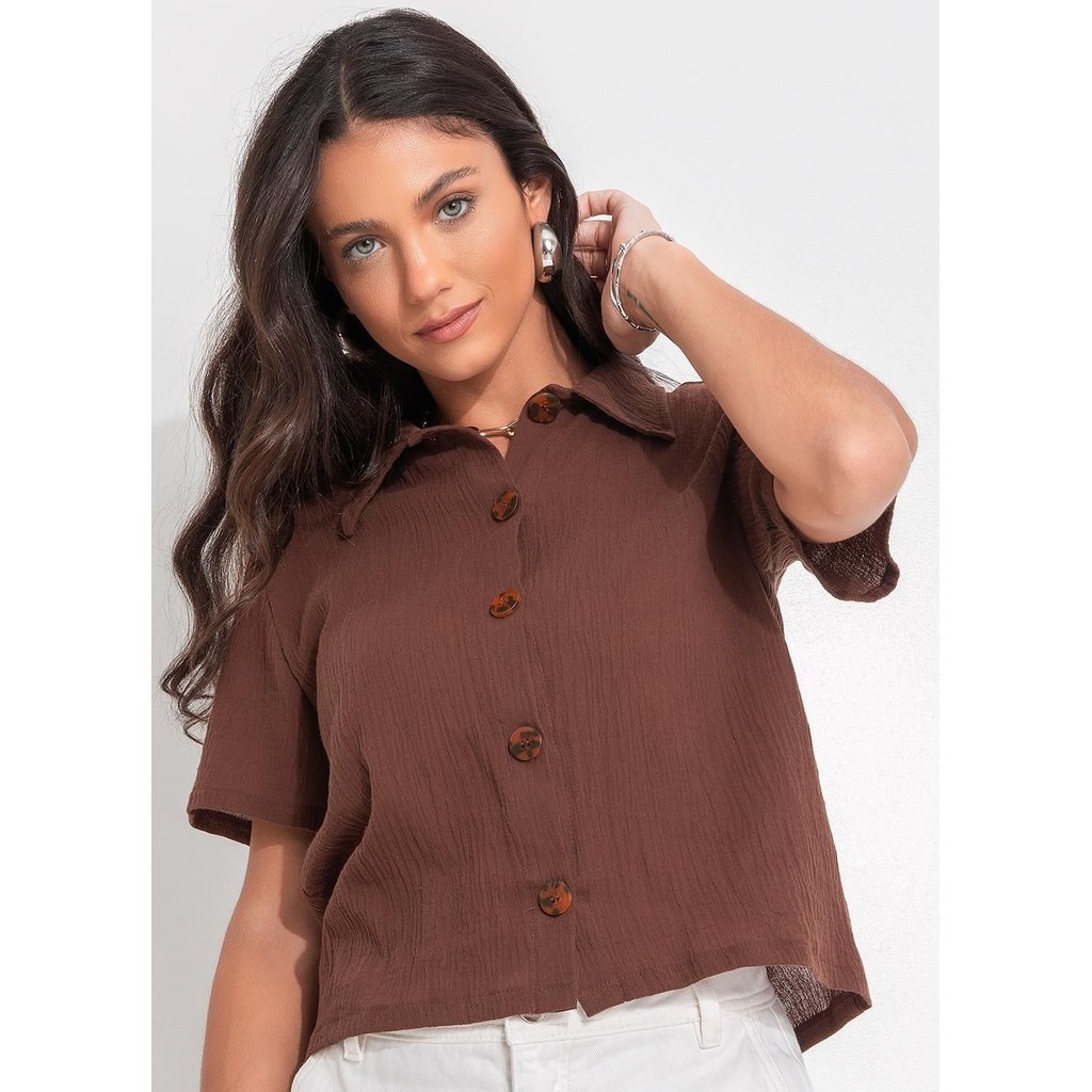 Camisa Gaze De Algodão Marrom Quintess em Oferta na Shopee