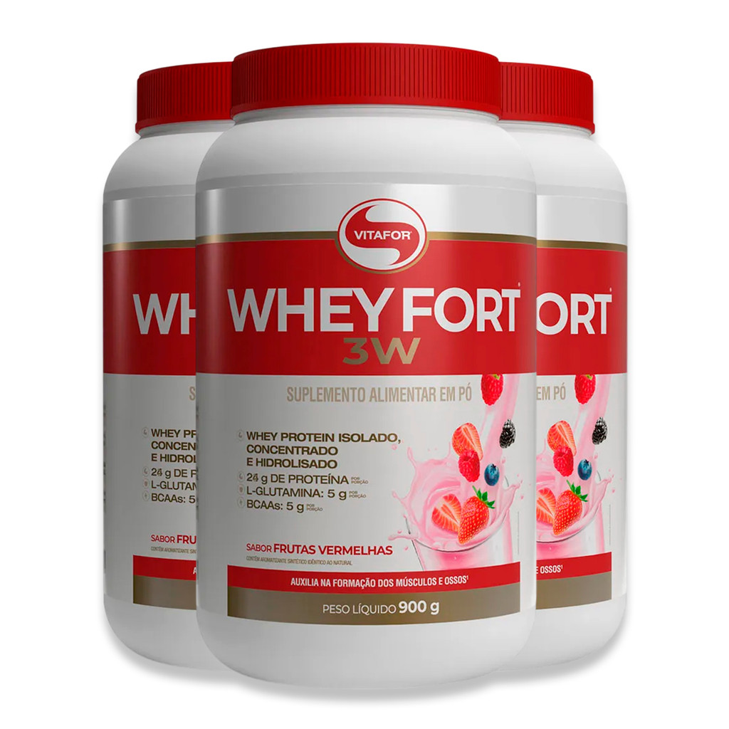Kit 3 Whey Fort 3W Vitafor Frutas Vermelhas 900g