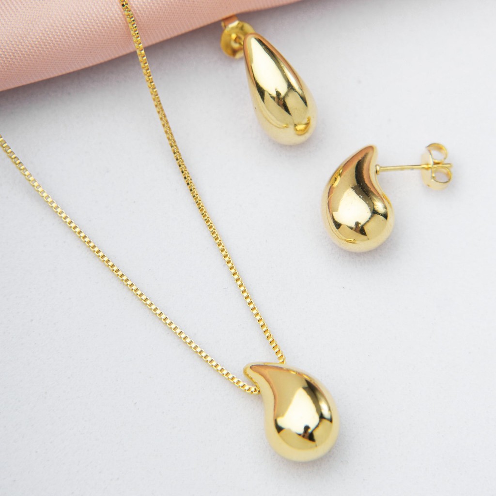 Conjunto Dourado Gota Bold Virgula Banhado a Ouro 18K - D France Semijóias em Oferta na Shopee