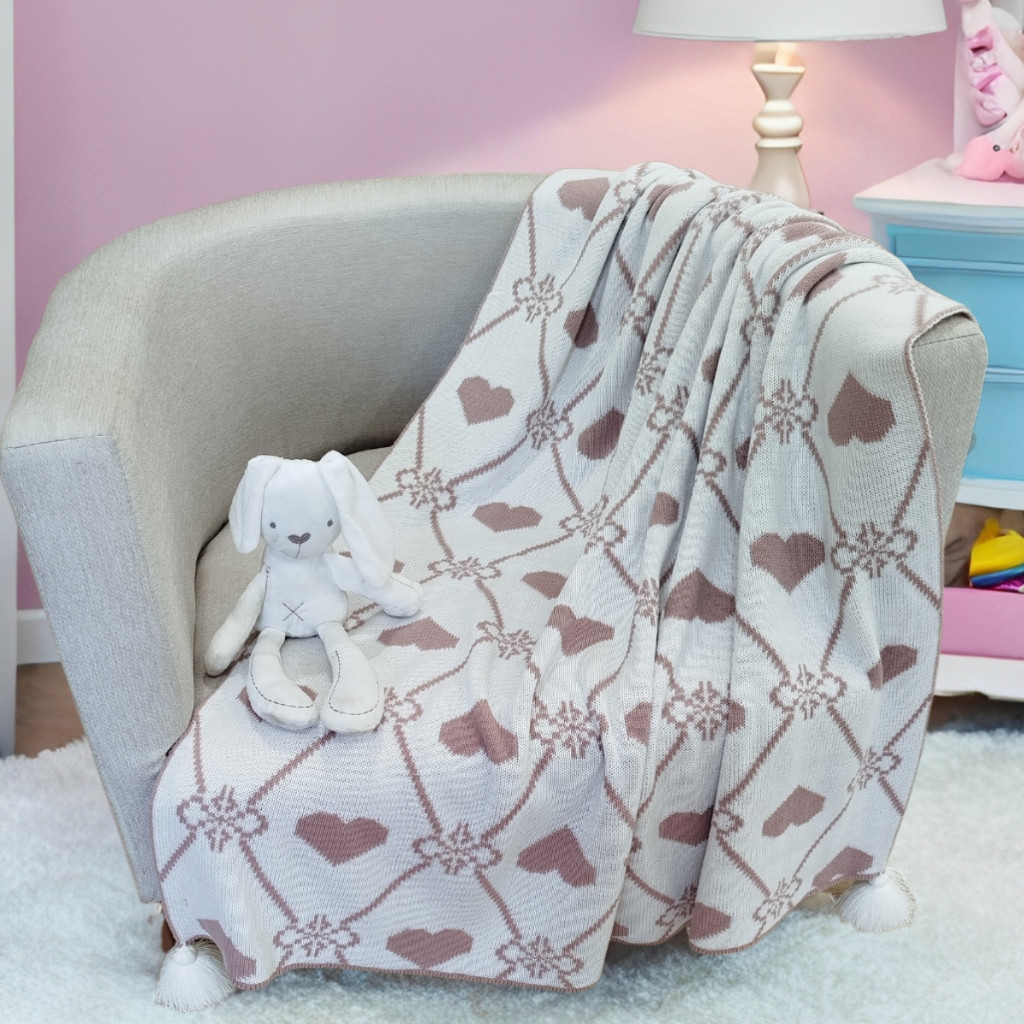 Manta Cobertor Infantil Menina de Tricô padrão Coração Dupla Face , Rosa e Branco , Quarto Sala Poltrona Sofá Tricot