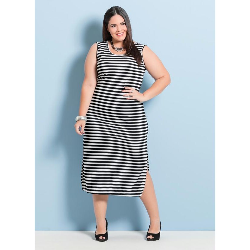 Vestido Midi Listrado Plus Size em Oferta na Shopee