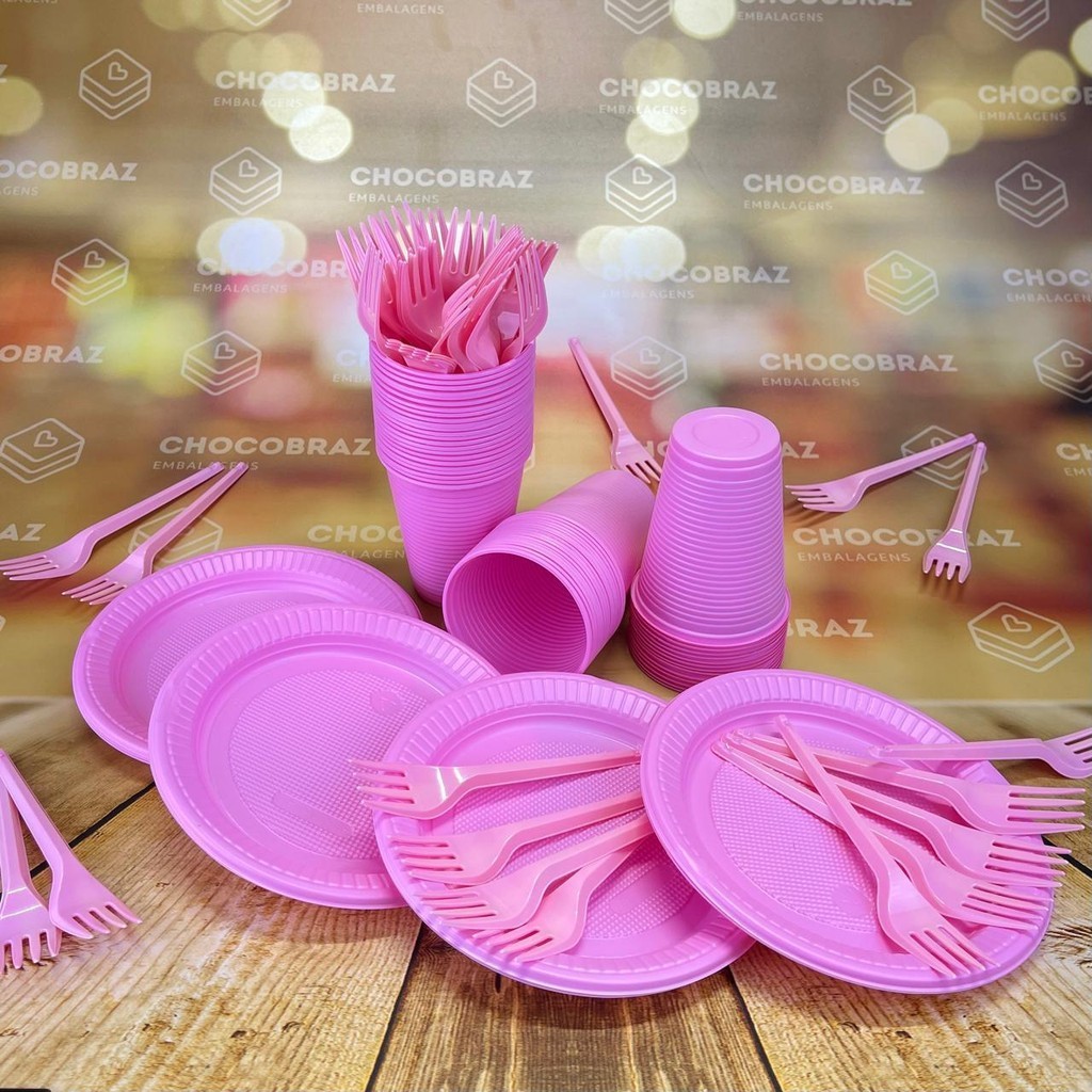 Kit Festa 50 PESSOAS DESCARTAVEIS ROSA CANDY COLORS GARFO + PRATO + COPO em Oferta na Shopee