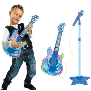 Guitarra Com Microfone Pedestal Infantil Som Luz Conecta Celular Cabo P2