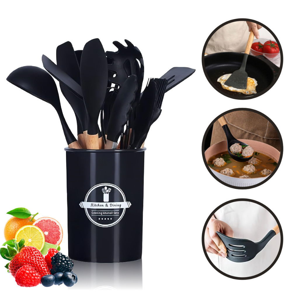 Jogo de Cozinha Kit C/12 Peças e 19 Peças de Silicone, Utensílios e Copo Suporte para Cozinha Cabo de Madeira QUEBOM