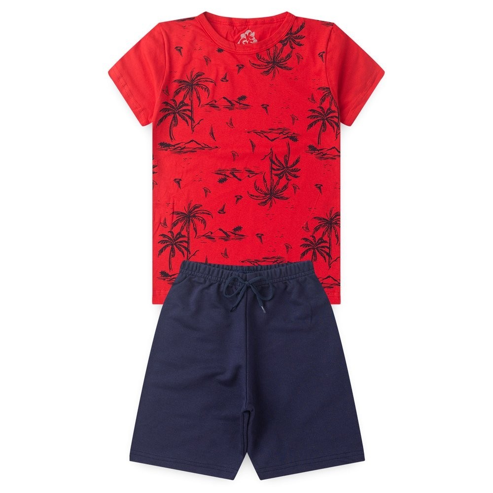 Conjunto Infantil Juvenil Menino Verão Camiseta Meia Malha Coqueiro Bermuda Moletinho Confortável - Conjunto Masculino