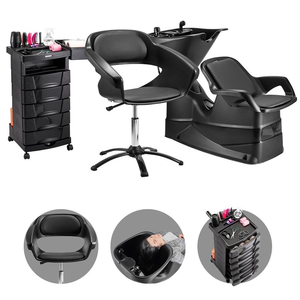 Kit Salão de Beleza Cadeira Hidráulica Lavatório Reclinável Carrinho Auxiliar c/ Tomada Dompel Preto em Oferta na Shopee