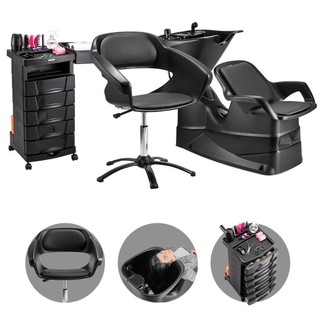 Kit Salão de Beleza Cadeira Hidráulica Lavatório Reclinável Carrinho Auxiliar c/ Tomada Dompel Preto em Oferta na Shopee