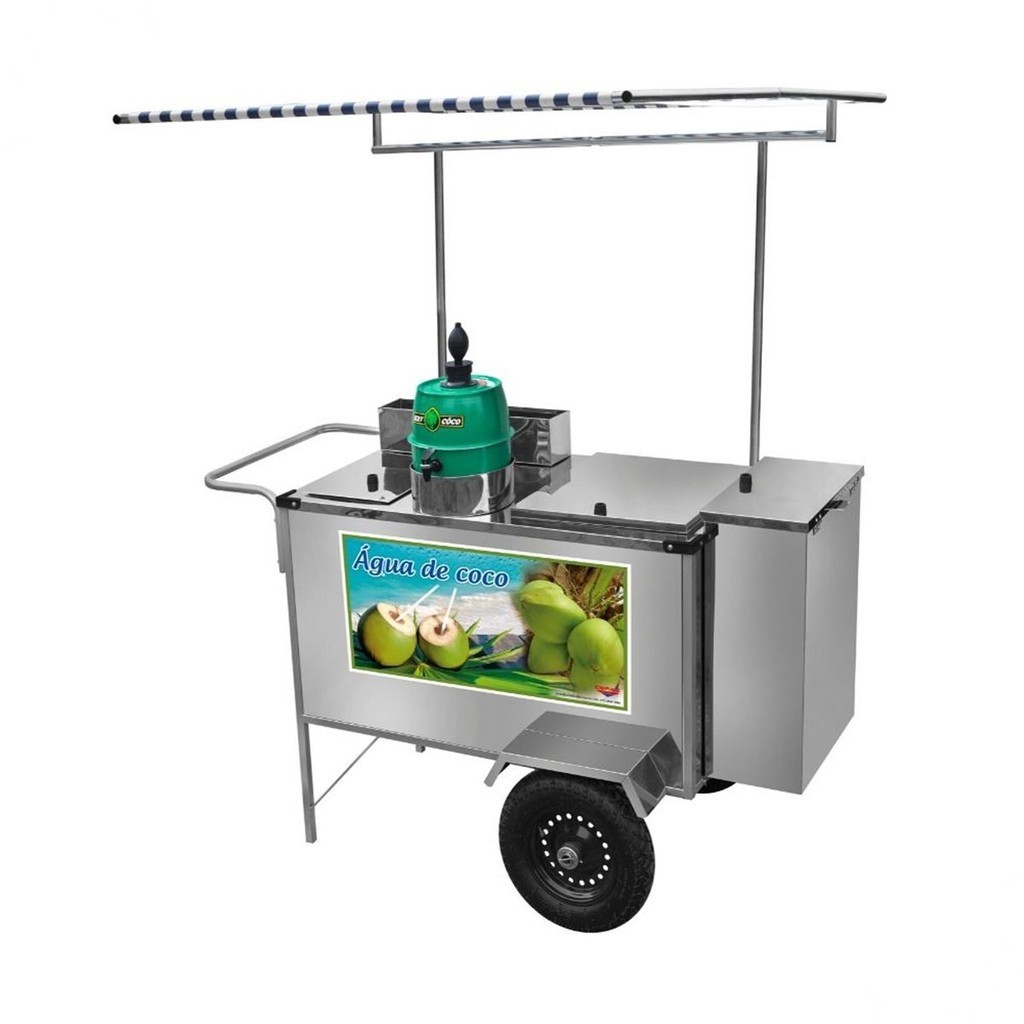 Carrinho Ambulante de Água de Coco Inox Toldo Rodas Pneumáticas
