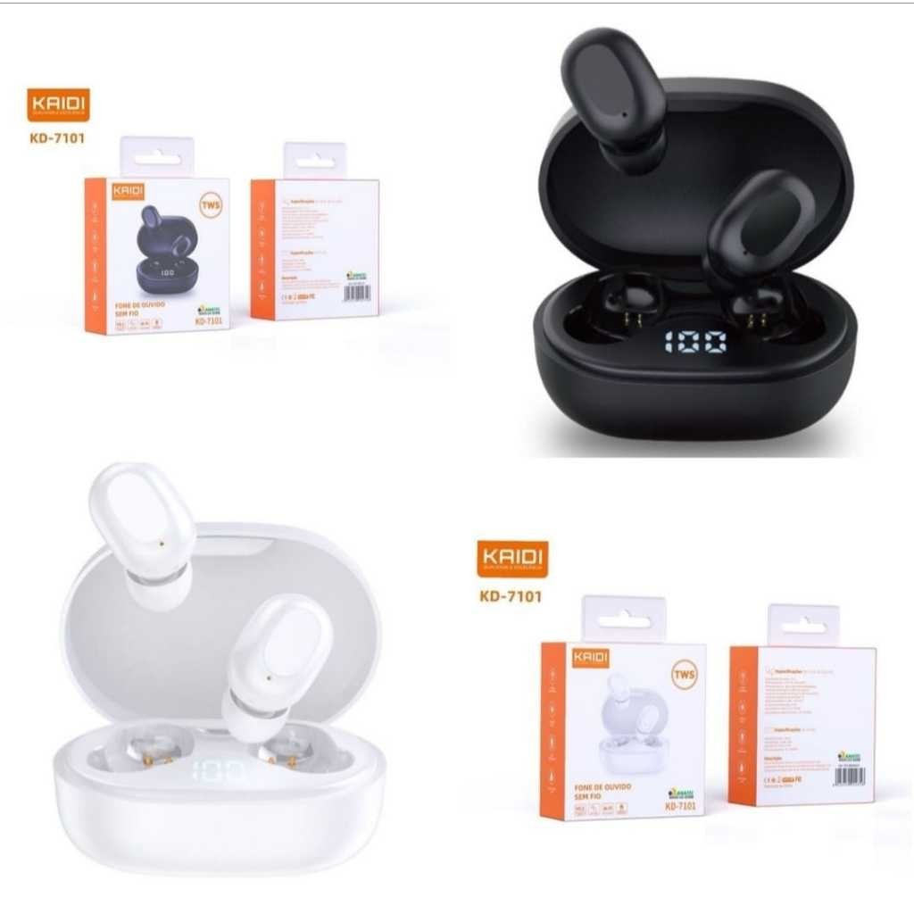 Fone De Ouvido ORIGINAL Sem Fio Bluetooth 5.3 TWS Smart Touch Kaidi KD-7101 BRANCO/PRETO (DURA 5 HORAS DE USO CONTÍNUO E VISOR DE BATERIA) em Oferta na Shopee