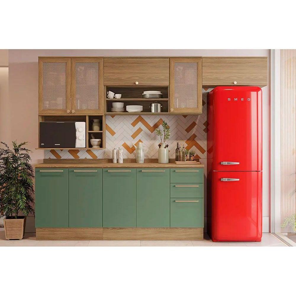 Cozinha Completa Botanic 8 Peças (4 Armários + 2 Balcões + 2 Complementos) M665 Nogueira/Verde Oliva - Kappesberg em Oferta na Shopee