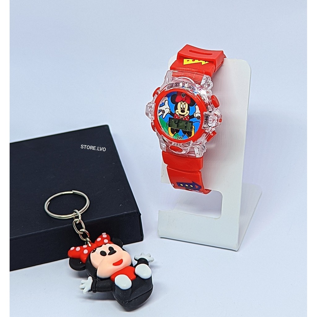 Kit Relógio Infantil Digital Pisca Luz Led + Chaveiro Personagem Mini Boneco Minnie Homem Aranha Presente para Crianças