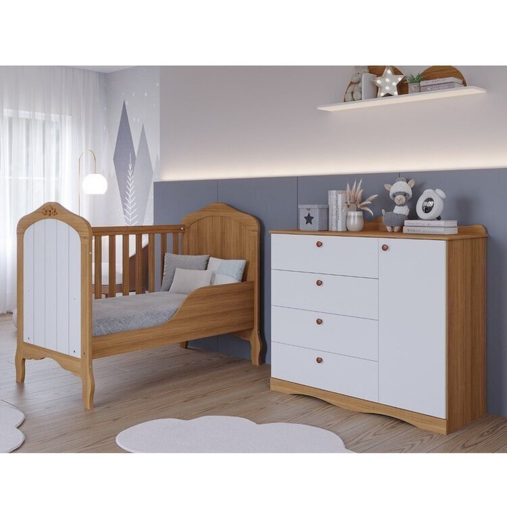 Quarto de Bebê 2 Peças com Berço Cômoda 4 Gavetas Espresso Móveis Nature/Branco em Oferta na Shopee