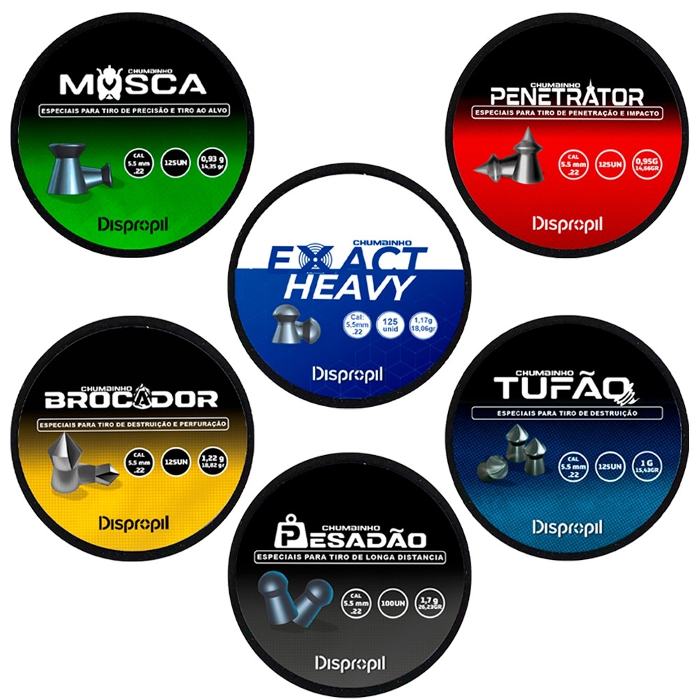 Chumbinho Exact Heavy+ Chumbinho Mosca+ Chumbinho Tufão+ Chumbinho Pesadão+ Chumbinho Brocador em Oferta na Shopee