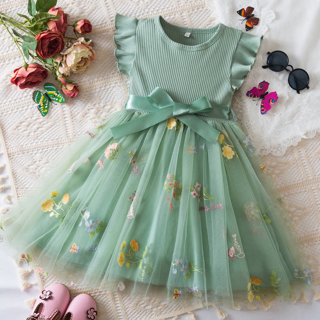 WFRV Bebê Menina Verão 1º Aniversário Festa Malha Bordado Flor Ribbon Bow Doce e Bonito Casual Chiffon Vestido — imagem 1