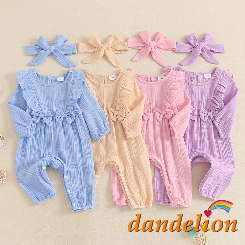 Baby Girls Macacão Casual De Outono Com Fita De Cabeça De Manga Longa Roupa De Recém-Nascido Rufos De Pescoço