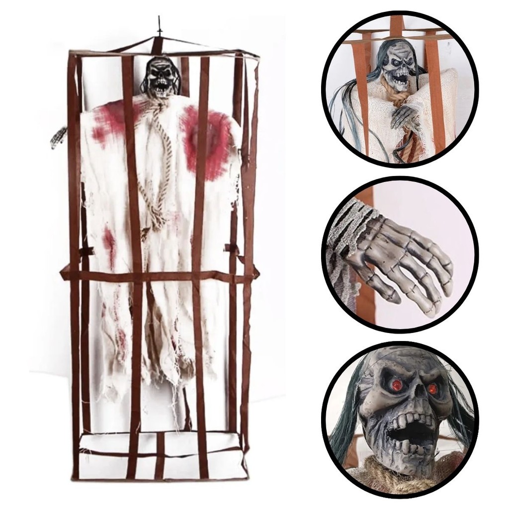 Boneco Bruxa Esqueleto na Jaula Halloween com Som e Luz
