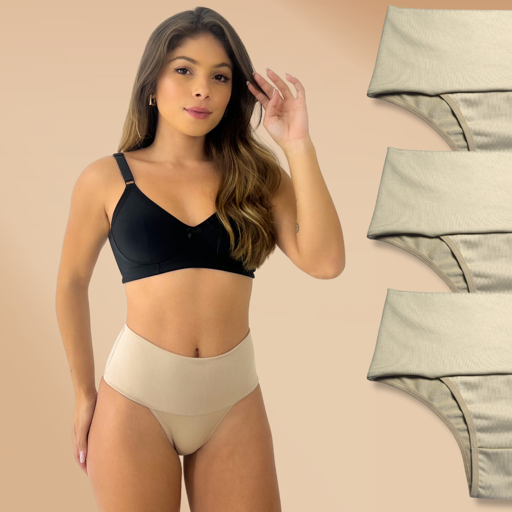 Kit 3 Calcinha Modeladora Segura Barriga Cós Alto Cor Bege Rupee
