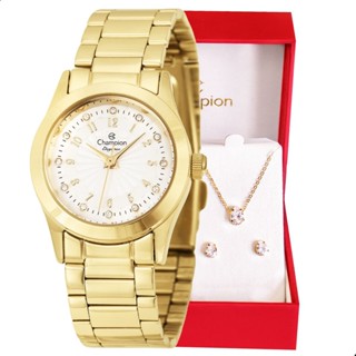 Relógio Feminino Champion Dourado Mini À Prova D’Água com Colar e Brincos Original CF24000W em Oferta na Shopee