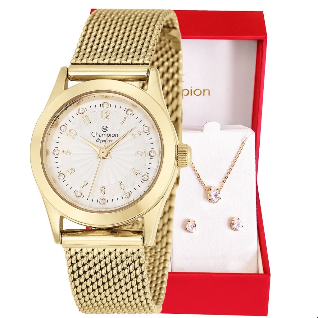 Relógio Feminino Champion Mesh Dourado Mini À Prova D’Água com Colar e Brincos Original CF24000O